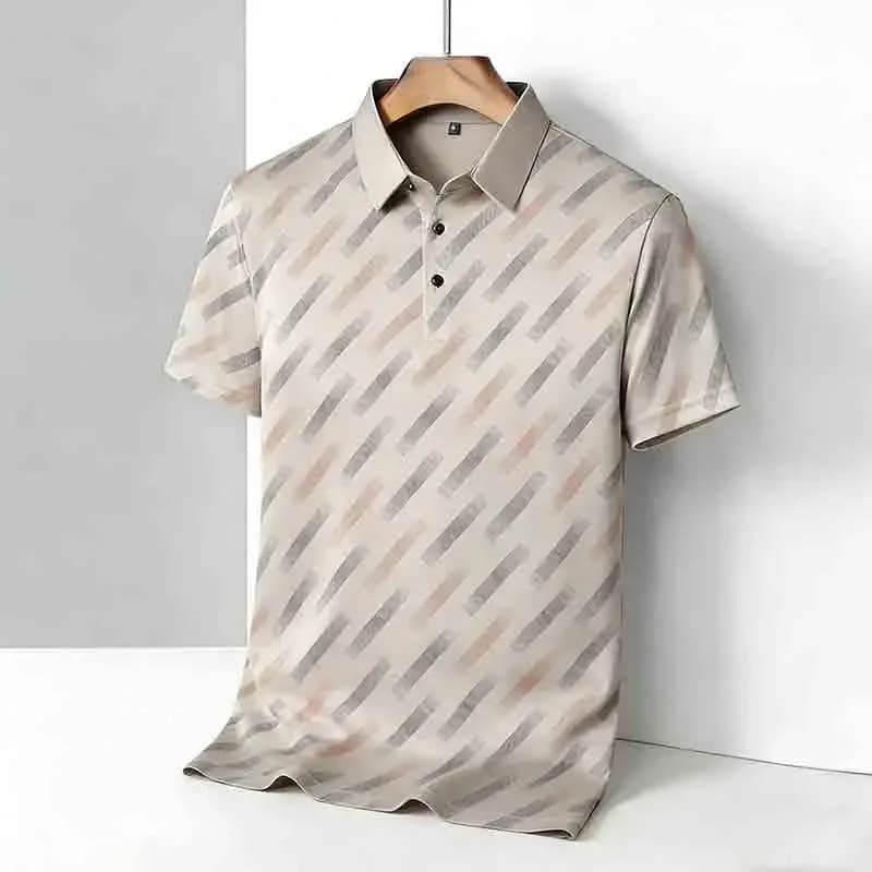 Men's Fashion Polo Shirt Short Sleeve Lapel Collar Diagonal Striped Print Casual Business Golf Tops