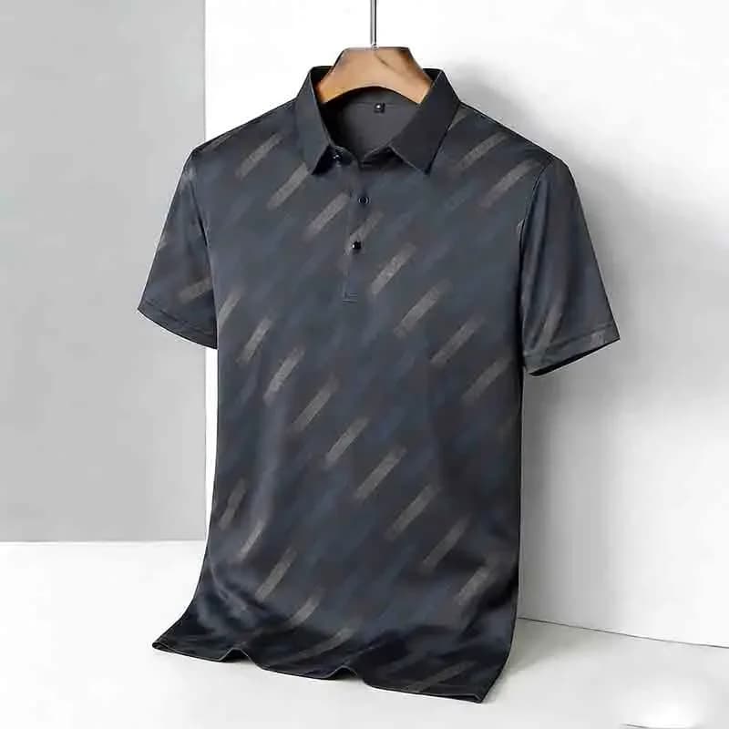 Men's Fashion Polo Shirt Short Sleeve Lapel Collar Diagonal Striped Print Casual Business Golf Tops - Image 4