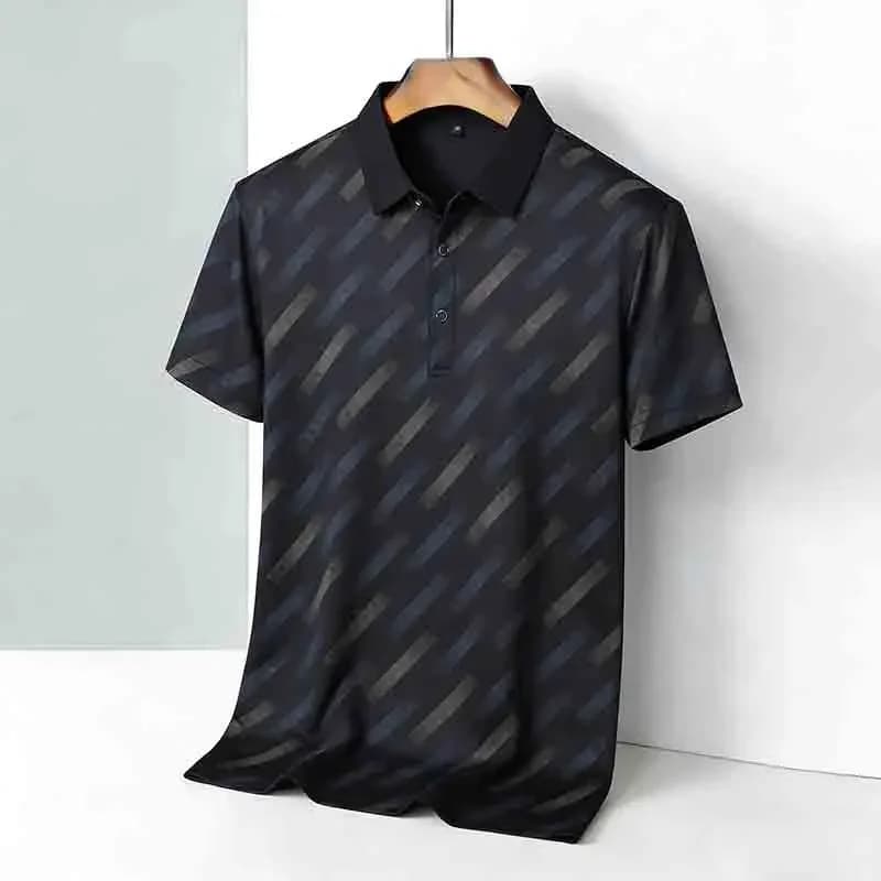 Men's Fashion Polo Shirt Short Sleeve Lapel Collar Diagonal Striped Print Casual Business Golf Tops - Image 5